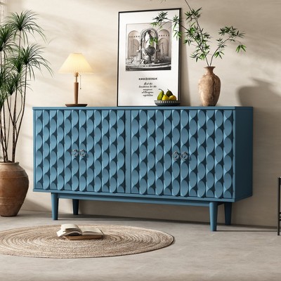 DOMETOUR Modern 4-door Sideboard with Convex Pattern Doors and 2 Silver Handle for Living Room, Dining Room, Kitchen