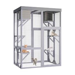 Gulches Wooden Catio 51 Inch Multi-Level Cat Enclosure with 4 Platforms 2 Napping Houses Galvanized Mesh Strong Locks Fir Gray Indoor Outdoor - 1 of 4
