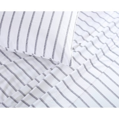 Gray and White Striped Cotton Percale Full Sheet Set