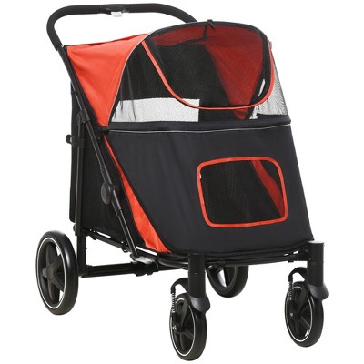 PawHut One Click Foldable Pet Stroller With Shock Absorber, Universal Front Wheels, Red