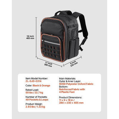 VEVOR Tool Backpack, 49 Pockets, Heavy-duty Tools Storage Organizer Work Bags with Laptop Compartment & Reinforced Fabric Base, Black+Orange — фото 8