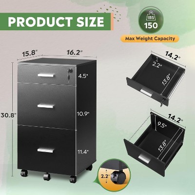 Black Mobile 3-Drawer Lockable Water-Resistant File Cabinet