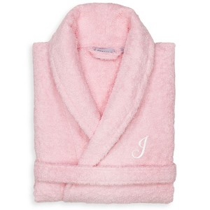 Linum Home Textiles 100% Turkish Cotton Unisex Personalized Terry Bathrobe Pink in White Script Font - 1 of 2