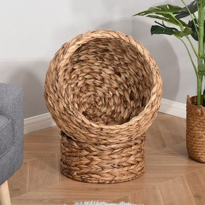 Small Round Natural Water Hyacinth Cat Bed with Cushion