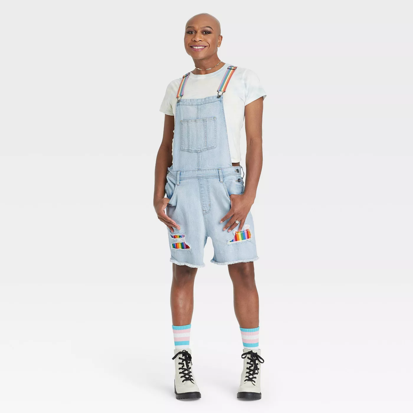 Pride Gender Inclusive Adult 5" Rainbow Jean Strap Shortalls - Light Blue - image 1 of 7