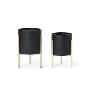 LuxenHome 2-Piece Diamond Pattern Round Metal Cachepot Planter Set - 1 of 4