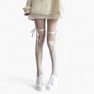 Anna-Kaci Women's Sheer Over-the-Knee Tights with Satin Ribbon Bow and Scalloped Edge Design - White - 1 of 4