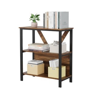 Grey 3 Tier Bookshelf with LED Lights, Bookcase with Open Display Shelves, Wood and Metal Standing Bookshelf with Storage Rack for Living Room Bedroo - 1 of 4