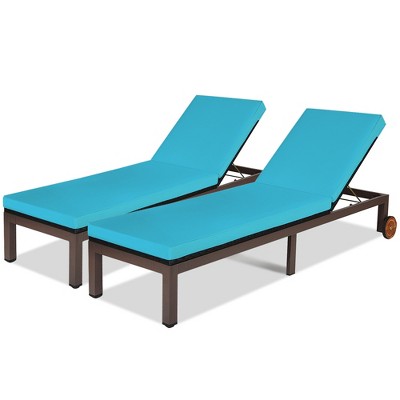 Tangkula 2PC Adjustable Patio Rattan Recliner Chaise Lounge Chair w/ Cushion Wheels