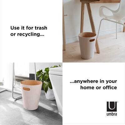 White and Natural Wood Bathroom Trash Can with Handles