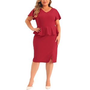 Agnes Orinda Women's Plus Size Short Ruffles Sleeve Work V Neck Pencil Vintage Peplum Bodycon Dress - 1 of 4