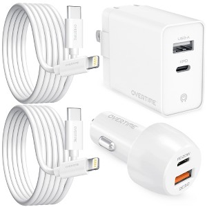 Overtime Wall and Car Charger Kit with Two (2) Apple MFI Certified 10ft Charging Cables for Apple iPhone/iPad Lightning Devices, White - 1 of 4