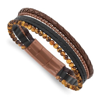 Black Bow Jewelry Brown Plated Stainless Steel, Tiger Eye, Leather Bracelet, 7.5-8 Inch