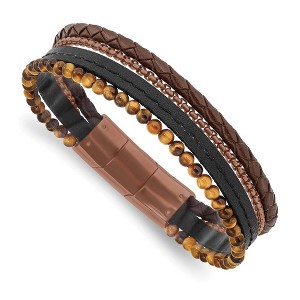Black Bow Jewelry Brown Plated Stainless Steel, Tiger Eye, Leather Bracelet, 7.5-8 Inch - 1 of 4