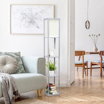 Elegant Gray Floor Lamp with Linen Shade and Display Shelves