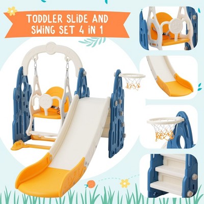 Blue and Orange 4-in-1 Toddler Slide Swing Set with Basketball Hoop