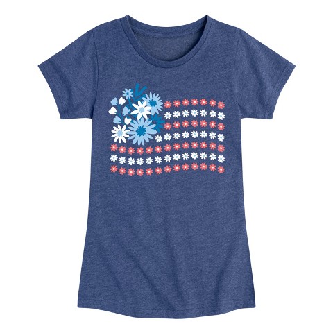 Instant Message Girls' Instant Message Floral USA Flag Fitted Short Sleeve Graphic T-Shirt - Heather Navy - Large