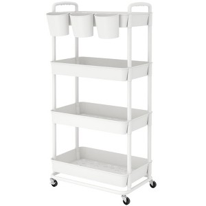 Itopfox 4-Tier Rolling Storage Cart with Lockable Wheels, Extra Hanging Cups & Handles for Kitchen, Bathroom, Living Room, Office - White - 1 of 4