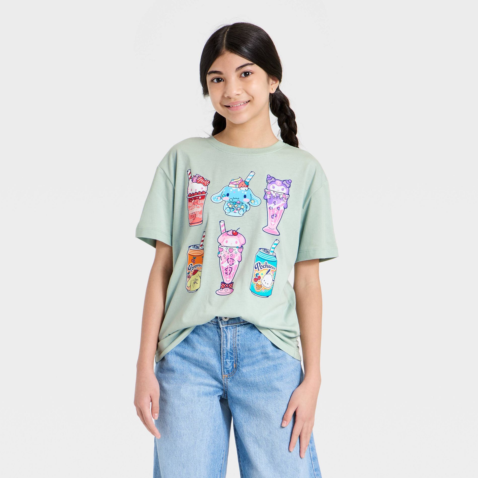 Girls' Hello Kitty and Friends Short Sleeve Sundaes and Sodas Oversized Graphic T-Shirt - Sage Green