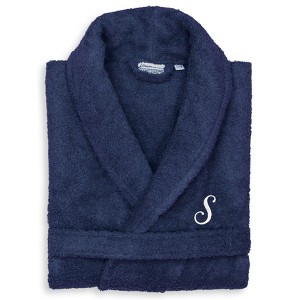 Linum Home Textiles 100% Turkish Cotton Unisex Personalized Terry Bathrobe Navy in White Script Font - 1 of 3