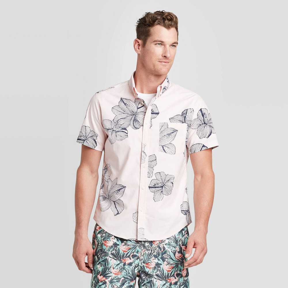 Men's Standard Fit Floral print Short Sleeve Poplin Button-Down Shirt - Goodfellow & Co Pink M, Men's, Size: Medium was $19.99 now $12.0 (40.0% off)