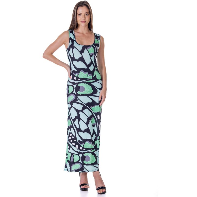 24seven Comfort Apparel Womens Green Butterfly Print Casual Razorback Tank Maxi Dress, 1 of 9