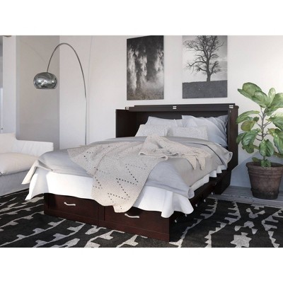 Espresso Queen Murphy Bed Chest with Memory Foam Mattress and USB Charging