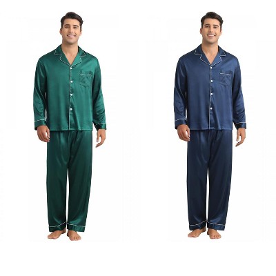 INSPIRE CHIC Men's 2 Pack Sleepwear Classic Soft Button Long Sleeve Satin Pajamas Sets