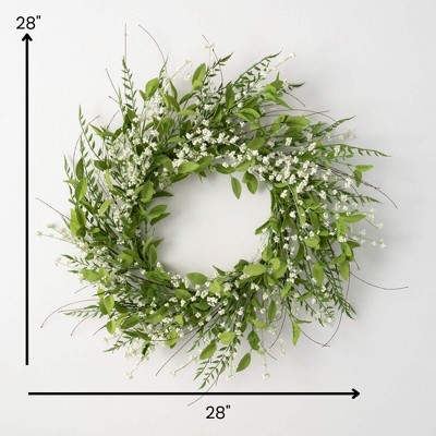 28" Green and White Artificial Leaf and Berry Spring Wreath