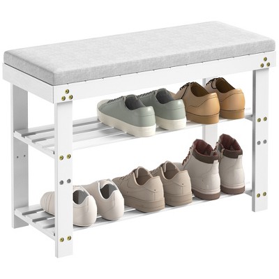 3-Tier Bamboo Shoe Storage Organizer, Entryway Bench with Cushion and Adjustable Shelves, Shoe Rack for Entryway, Hallway, Mudroom and Living Room