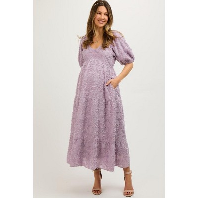 PinkBlush Lavender Fringe Textured Short Puff Sleeve Maternity Midi Dress