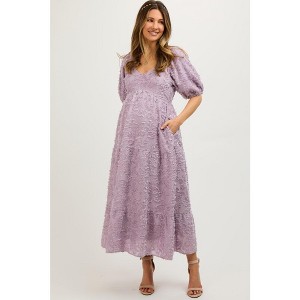 PinkBlush Lavender Fringe Textured Short Puff Sleeve Maternity Midi Dress - 1 of 4