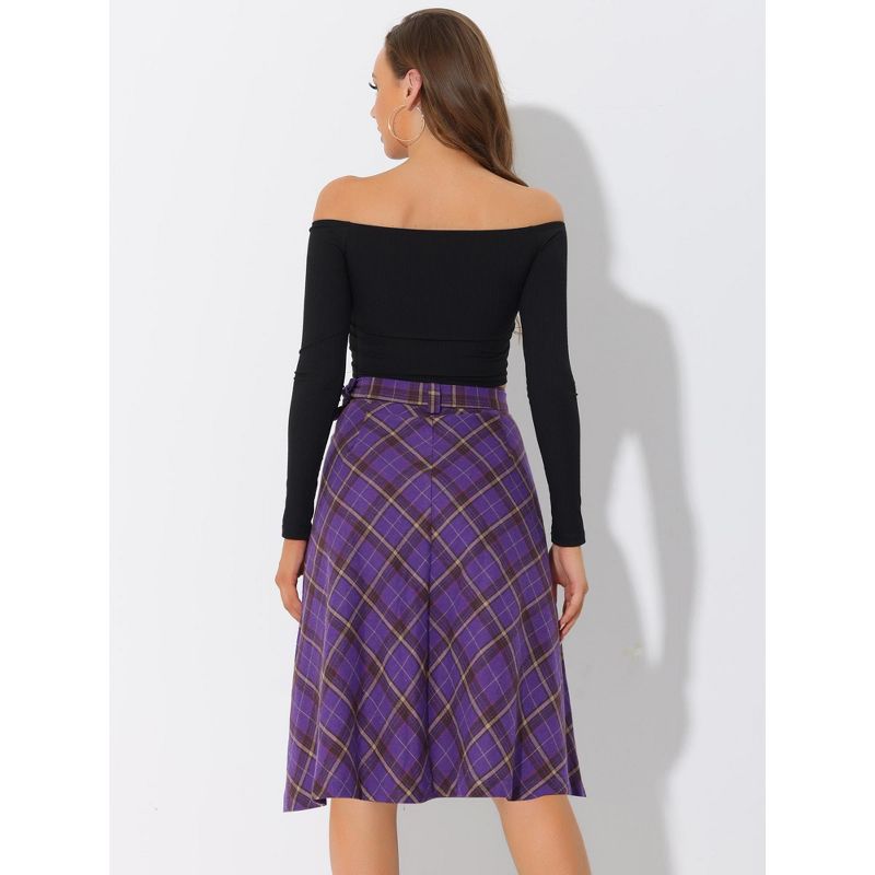 Allegra K Women's Tartan Plaid High Waist Belted Vintage A-Line Midi Skirt, 5 of 7