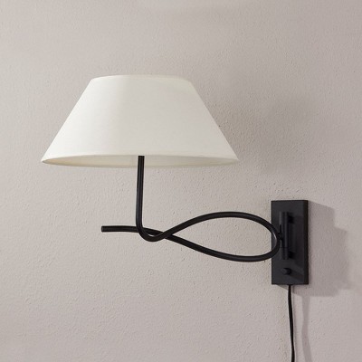 Black Forged Iron Sculptural Wall Sconce with Off-White Shade