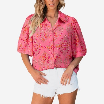 Amaryllis Women’s Button Up Short Sleeve Blouse Vintage Floral Print Puff Shoulder Relaxed Fit Lightweight
