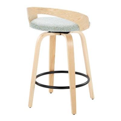 Set of 2 Green Swivel Counter Stools with Wood Legs