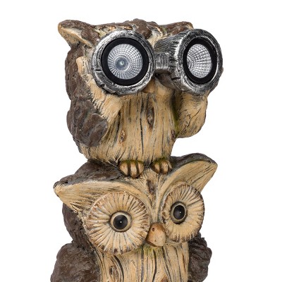 Solar-Powered Brown Polyresin Stacked Owl Lawn Decoration with LED Lights