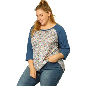 Agnes Orinda Women's Plus Size Round Neck 3/4 Raglan Sleeves Floral Printed Dressy Casual Peasant Tops - 1 of 4