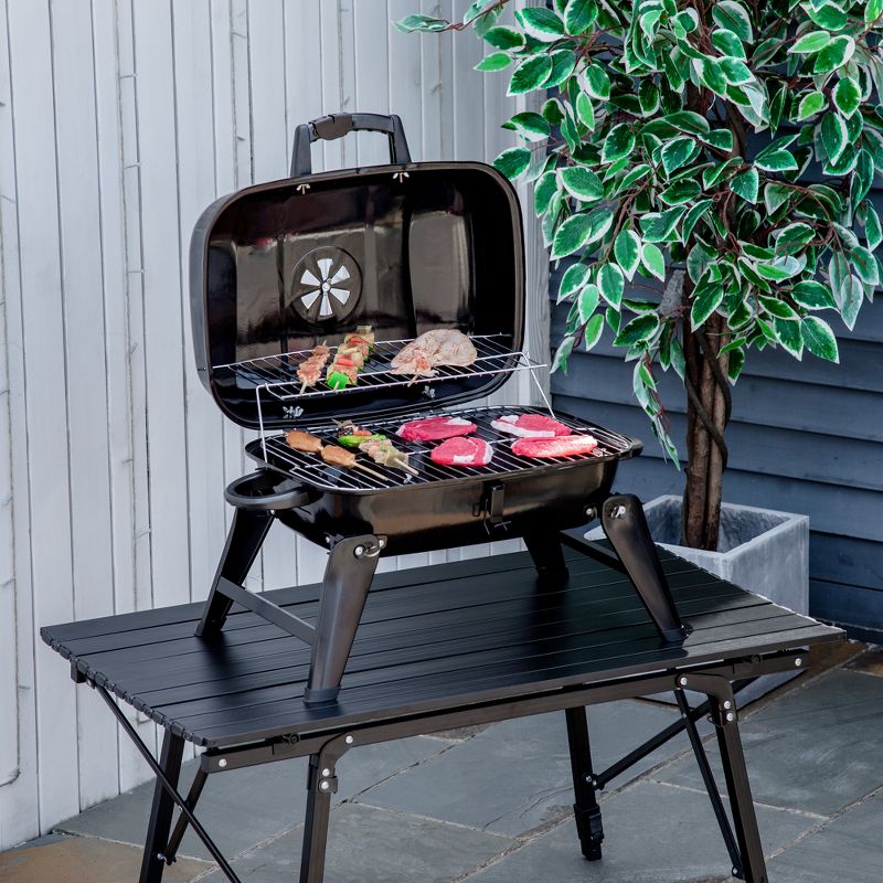 Outsunny 14" Portable Grill, Small Charcoal Grill for Outdoor Cooking, BBQ, Camping, Tailgating, Enamel Coated, Vent, Folding Legs, Black, 3 of 9
