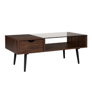 Saracina Home Tapered Leg Mid-Century Modern Storage Coffee Table Glass/Dark Walnut: Laminated MDF, Metal Frame, Fixed & Open Shelves - 1 of 4