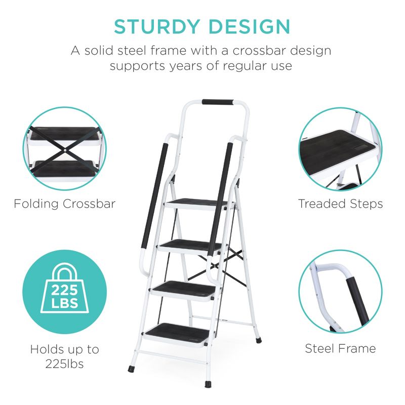 Best Choice Products 4-Step Portable Folding Anti-Slip Steel Ladder w/ Handrails, Attachable Tool Bag, 3 of 8