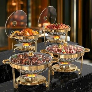 Warmounts 5QT Gold Luxury Round Chafing Dish Buffet Set Food Warmer with Glass Lids & Holders - 1 of 4