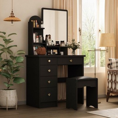FUFU&GAGA Makeup Vanity Set with Mirror and Stool Drawer and Shelf