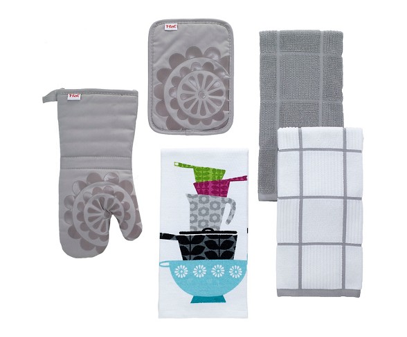 T-Fal Solid and Check Parquet Kitchen Towel, Two Pack, Gray