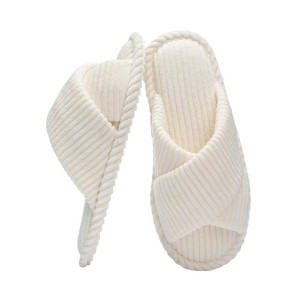 TIME HOLLOW Beige Corduroy Crossband Open-Toe Slippers - 1 of 3