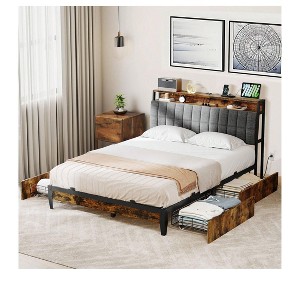 Queen Size Metal Bed Frame Upholstered Headboard Platform With Four Drawer Storage Metal Slats Support - 1 of 4