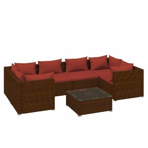 vidaXL 7 Piece Outdoor Patio Lounge Set | Brown Poly Rattan with Cushions | Water-Resistant | Comfortable & Durable | Modular Design - 1 of 4