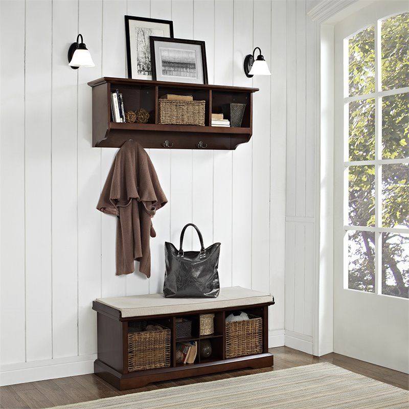 Wood 2 Piece Entryway Bench and Shelf Set in Mahogany brown--Bowery Hill, 2 of 5