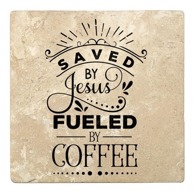 Christmas by Krebs Set of 4 Beige and Black "SAVED BY Jesus FUELED BY COFFEE" Square Coasters 4"