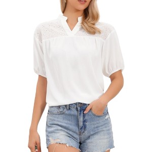INSPIRE CHIC Women's V Neck Short Sleeve Eyelet Elasticized Cuffs Pleated Summer Casual Blouses - 1 of 4